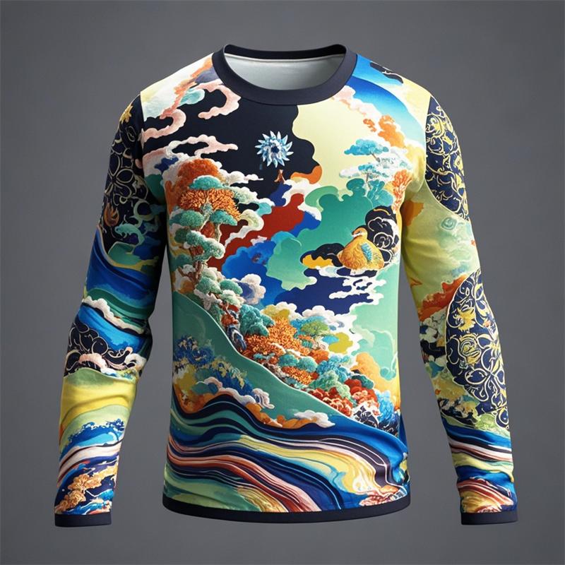 Novelty Men's Ukiyoe Long-sleeved T-shirt 3D Printing Retro Harajuku Pattern Printing Men Autumn Casual Round Neck Kids Clothes