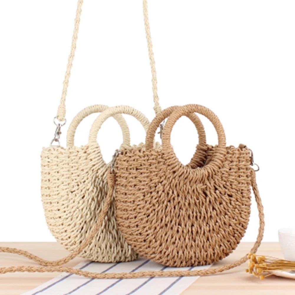 Women Handwoven Semicircle Tote Handbag Half-Moon Straw Rattan Fashion Shoulder Bag Summer Large Capacity Weaving Crossbody Bag