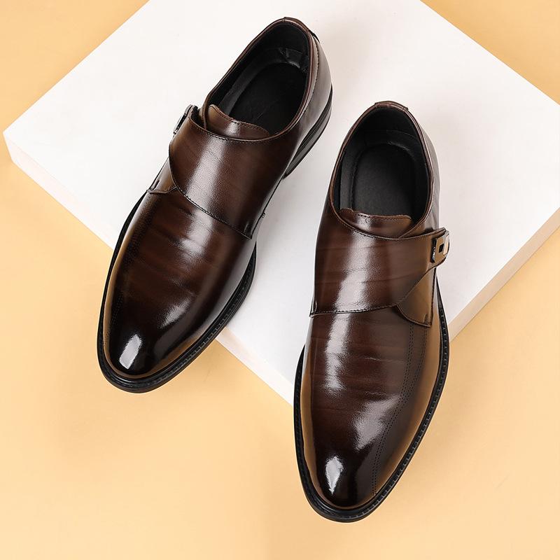 Men's Genuine Leather Dress Shoes First Layer Cowhide Pointed Toe One-Step Slip-On Velcro Closure Trendy Casual Loafers