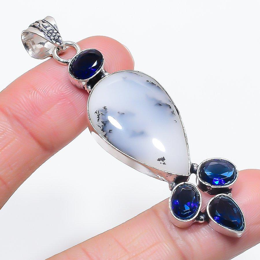 Natural Dendrite Opal, Topaz 925 Sterling Silver Jewelry Pendant 2.68" a1G11