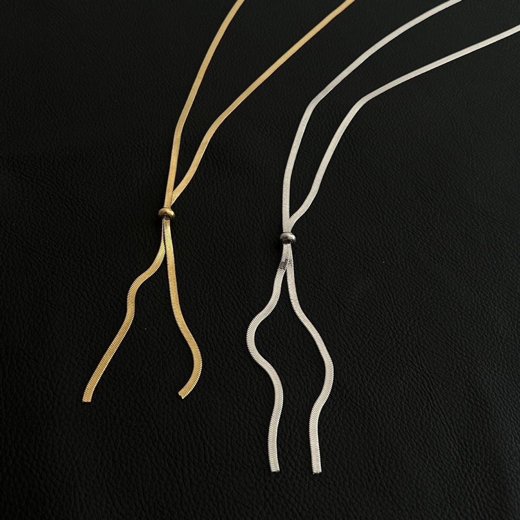 Adjustable Titanium Steel Necklace with Round Beads - Minimalist Drawstring Chain Design
