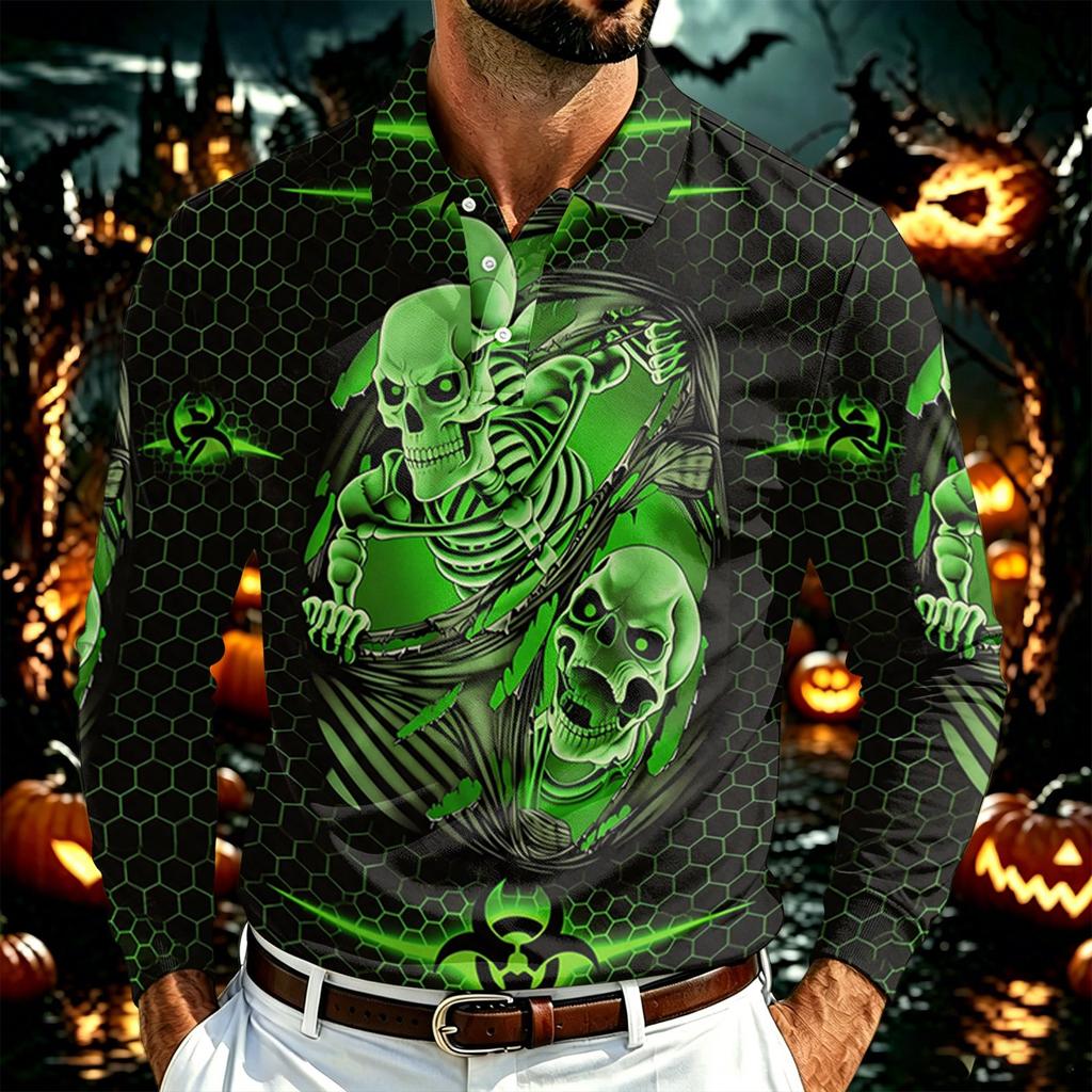 Men's Long Sleeve Mesh Shirt with Collar and Halloween Print Lightweight Breathable Top for Fall