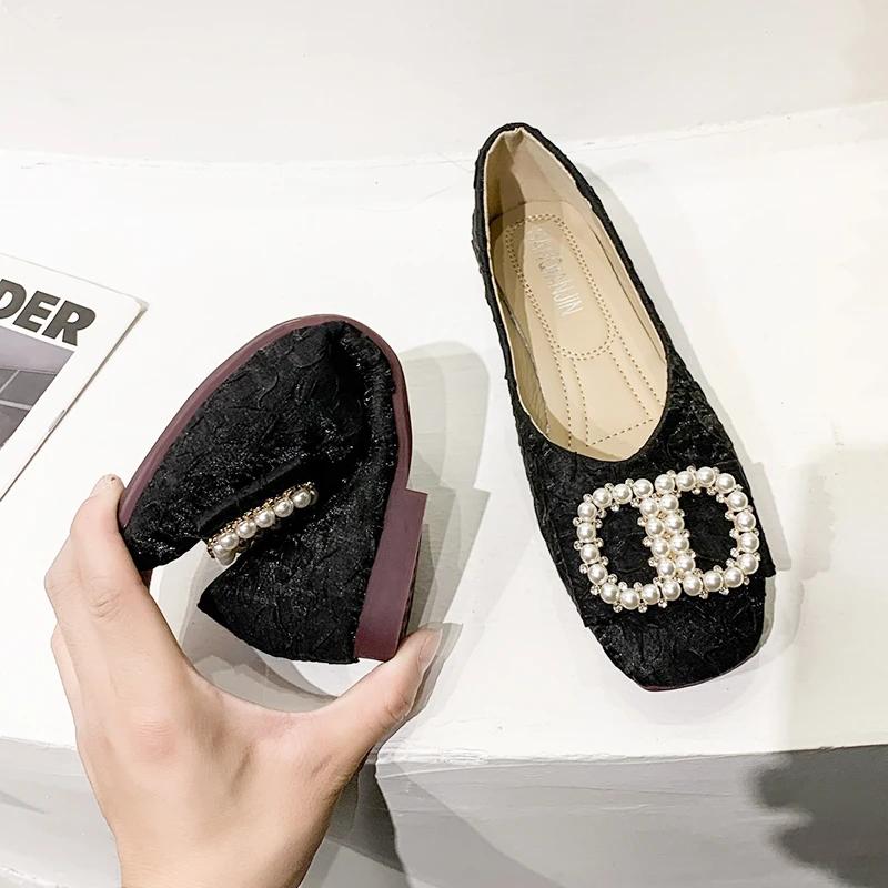 Fashion 2024 New Spring and Autumn Square Head Shallow Women's Shoes Low Heel Fashion Soft Sole Women's Shoes Flat Pearl Single Shoes