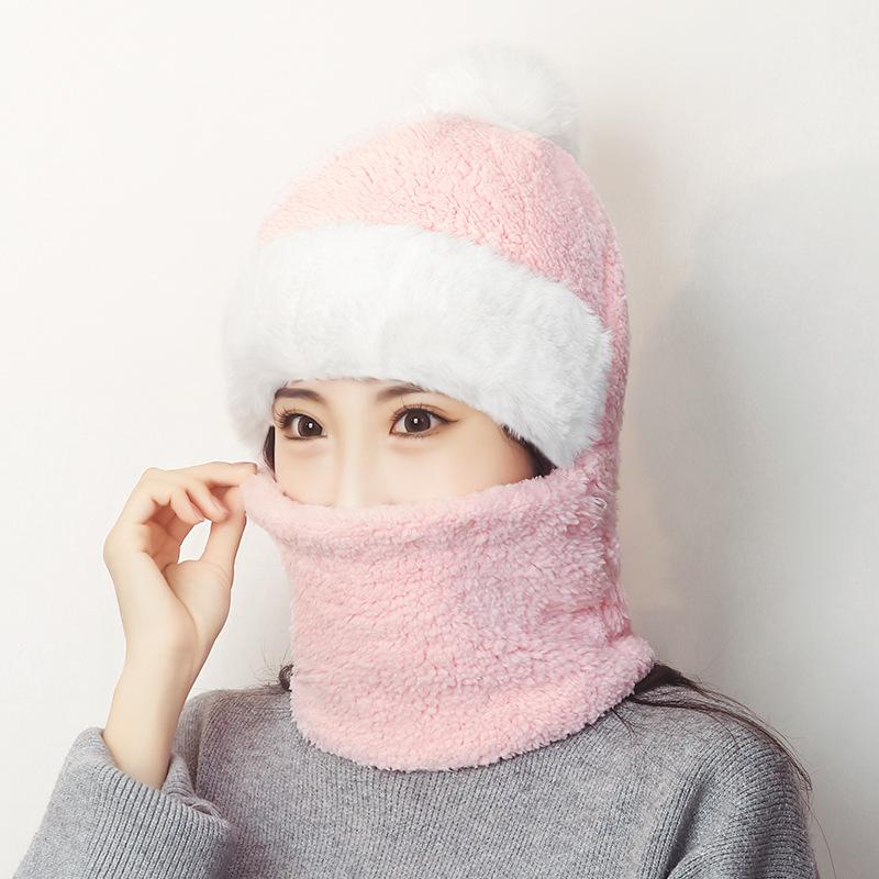 

Winter Thickened Warm Women Beanies Hat Neckercheif New Lady Solid Windproof Ear Protection Caps Scarf Hats Skullies Autumn Cap розовый