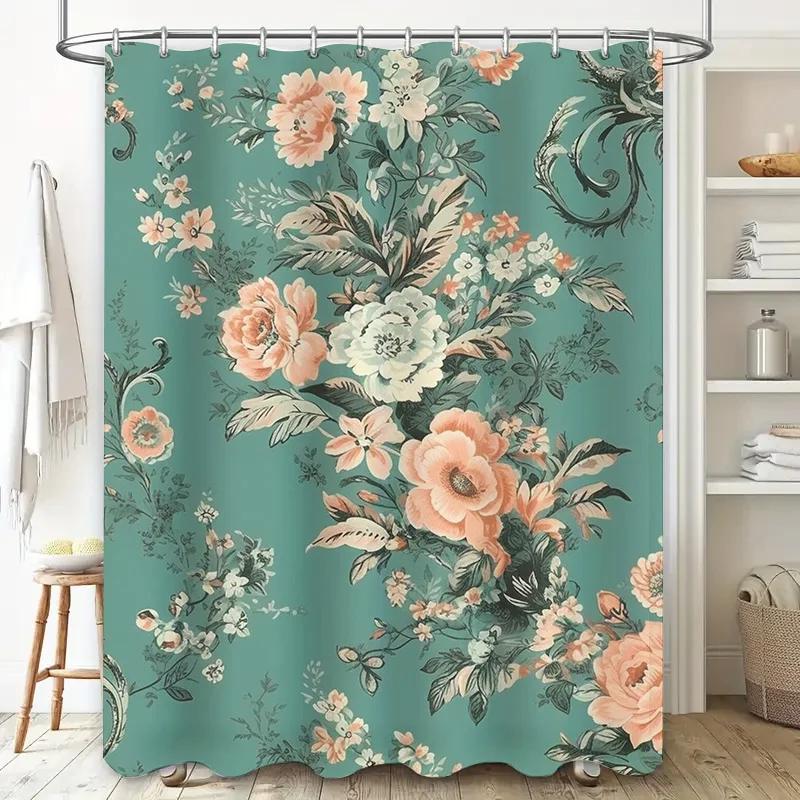 Beautiful Floral Shower Curtain Rustic Green with Pink Flowers Bathroom Decor for Home Bathrooms Privacy Screen for Bathtubs
