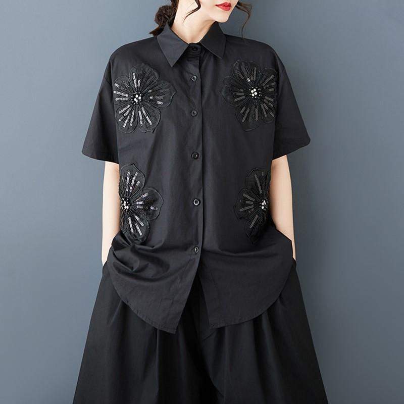 

Хлопковые рубашки и блузки оверсайз с короткими рукавами для блузок, повседневные свободные летние топы, женская рубашка на пуговицах чёрный