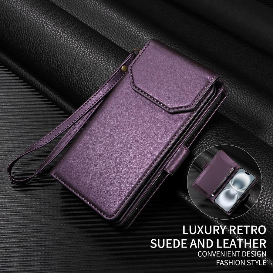 

Многофункциональный двухслойный чехол-кошелек с 11 отделениями для карт и 2 карманами для наличных для iPhone/Samsung/Google, чехол-книжка из искусственной кожи с ремешком на запястье и подставкой Google Pixel 9/9 Pro фиолетовый