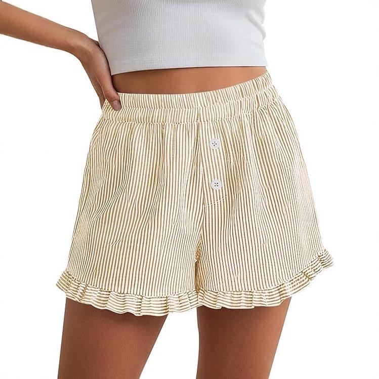 Women's Y2K Ruffle Striped Casual Shorts with Pockets - Spring/Summer Pajama Beachwear