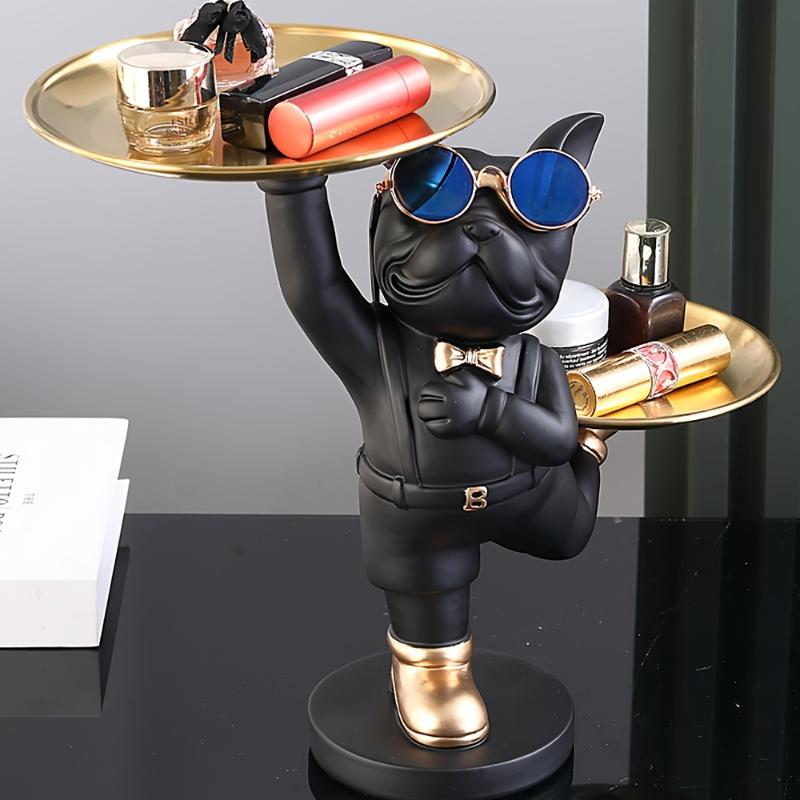 Pryskyřičná socha psa do pokoje,Socha Butlera se 2 zásobníky na uskladnění,Domácí dekorace figurky francouzského buldoka,Ozdoby na stůl