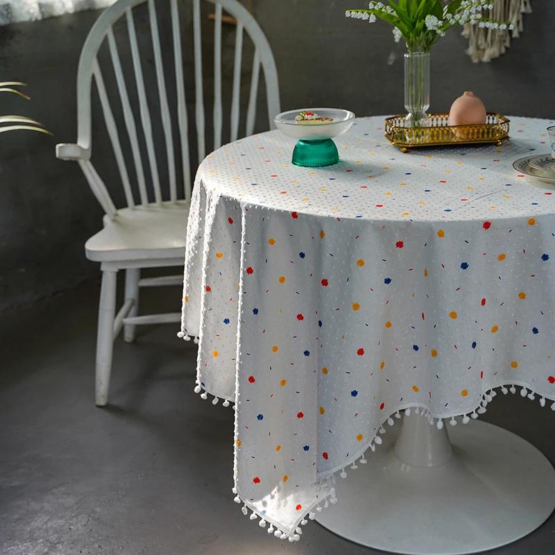 White Pompom Tablecloth Rectangle Boho Jacquard Dust-Proof Table Cover For Kitchen Dinning Living Room Tabletop Home Decorations
