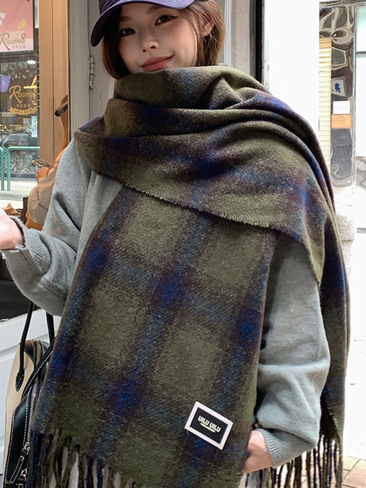 Women Plaid Print Knitted Scarf Headscarf Ladies Casual Sweet Tassel Warm Scarve Mujer Wrap Shawl Student Young Girl New Winter