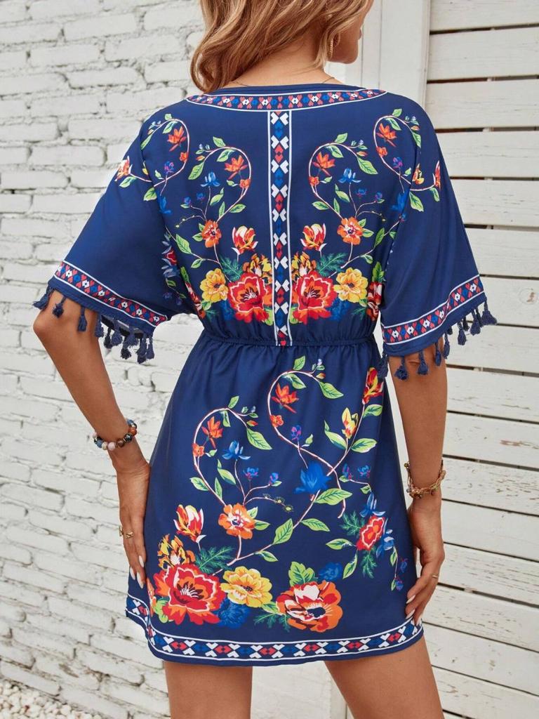 Bohemian Retro Ethnic Tassel Embroidered Waist-Cinching Short Holiday Dress with Short Sleeves