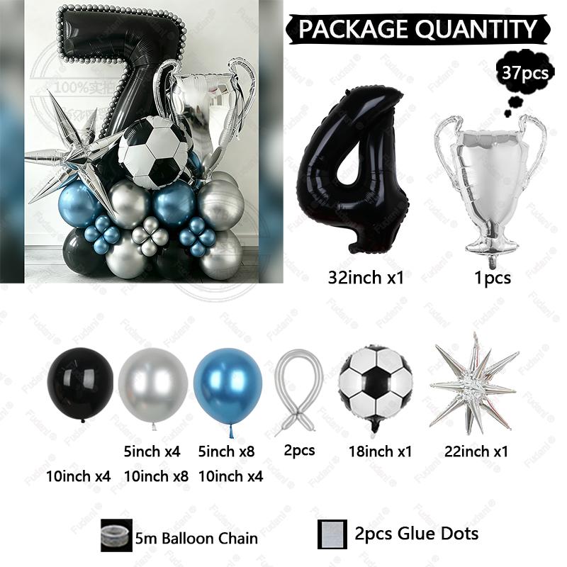 37pcs Silver Trophy Football Balloon Black Number 1-9 Birthday Balloon Set Sports Theme Party Decoration Festival Supplies
