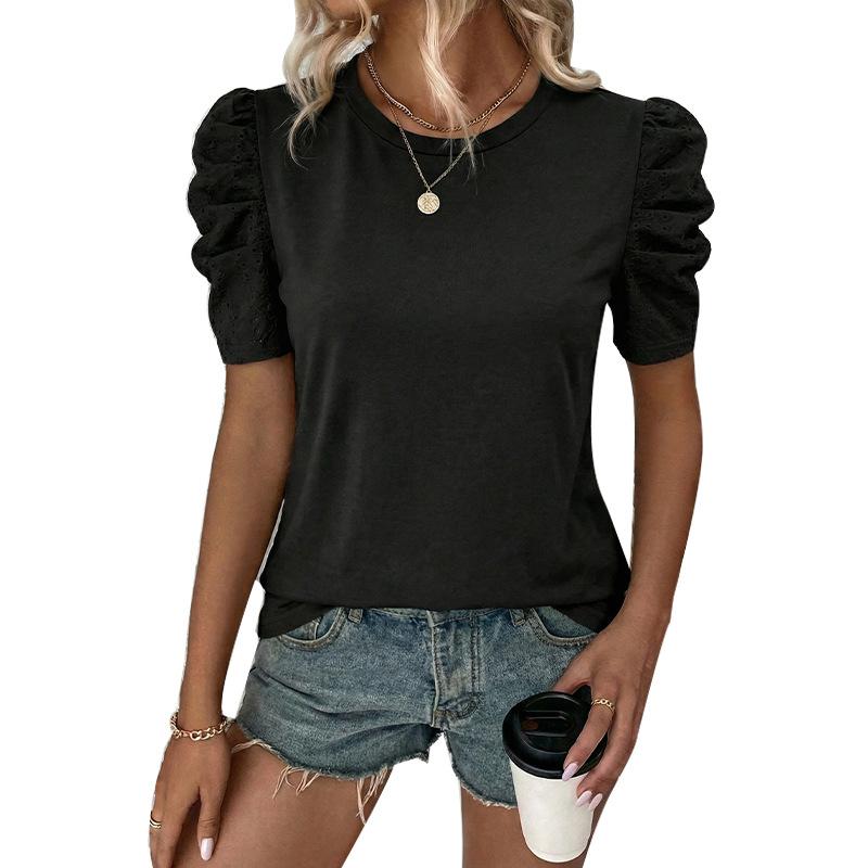 

women s Puff Short Sleeve T Shirt Casual Round Neck Solid Color Knit Top Basic Blouse XL