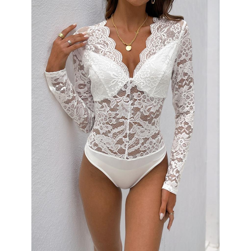 Women's Elegant Solid Color Long Sleeve Lace Sexy Bodysuit, Popular European & American Style Jumpsuit for Spring Autumn