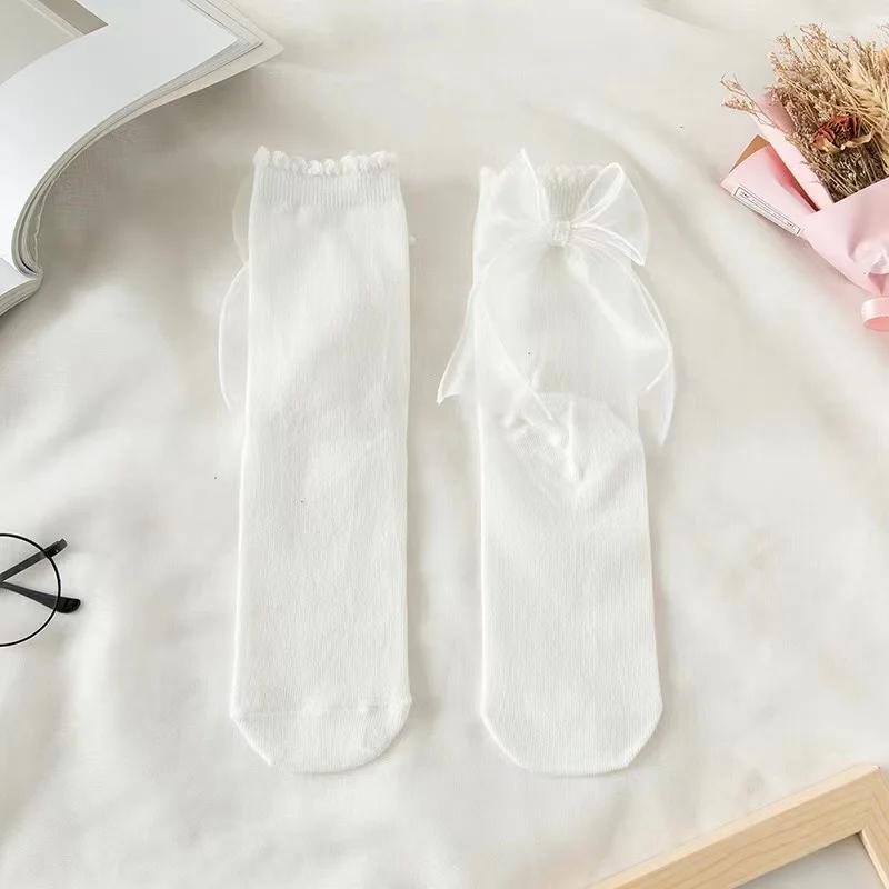 Girls Soft White Lace Lolita Socks Ribbon Bow Socks Women's Mid-Calf Cute Ruffle Frilly Ankle Socks Japanese Style Dress Hosiery