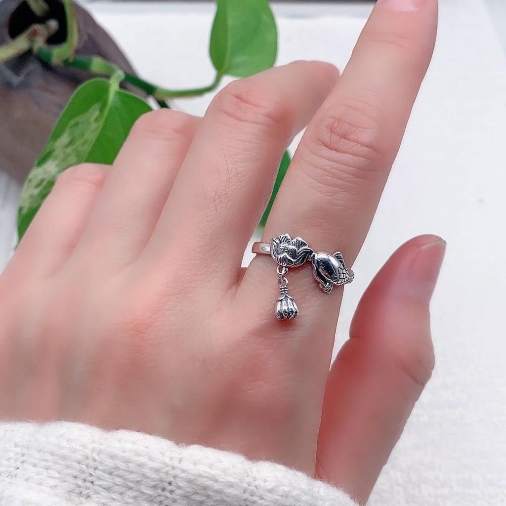 Bague Chinoise en Argent S925 Lotus et Carpe Koï: Design Ouvert Rétro de Niche pour Femmes