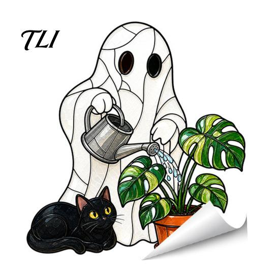 Easy Peel Stick Wall Decals Halloween Window Stickers, Cartoon Ghost Black Cat Pumpkin Static Glass Indoor Scene Setup Waterproof for Shop Home Party
