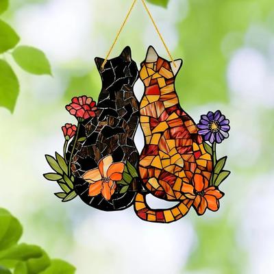 Housewarming Gift Acrylic Light Catcher Colorful Butterfly Two Kittens Garden Charm for Holiday Decoration