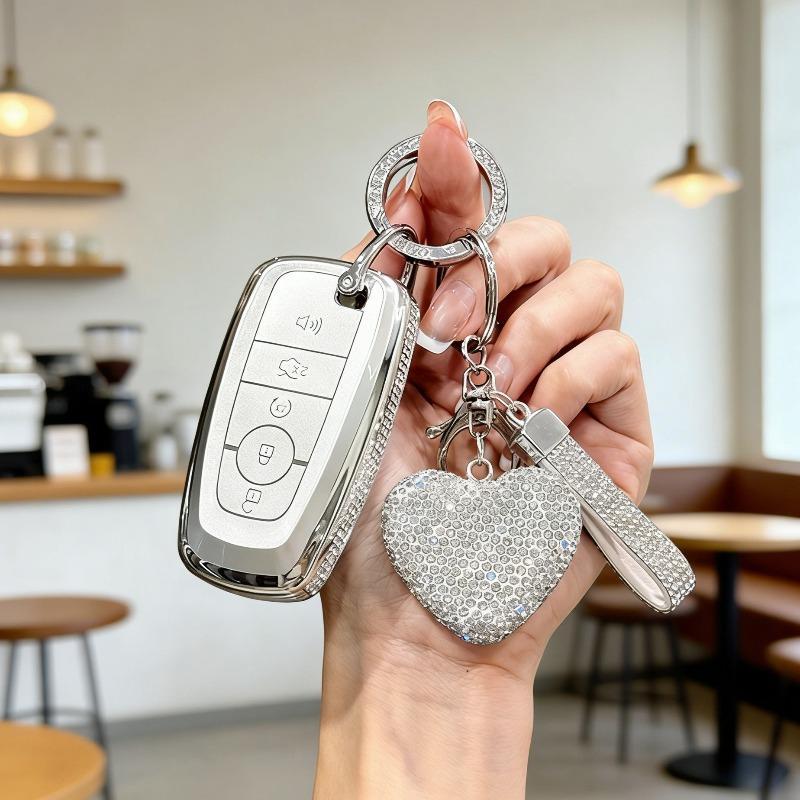 [ Side Diamonds ] 4 Buttons TPU Car Key Case Cover Shell Fob for Ford Fusion Edge Escape Explorer Taurus Expedition Ranger F-150
