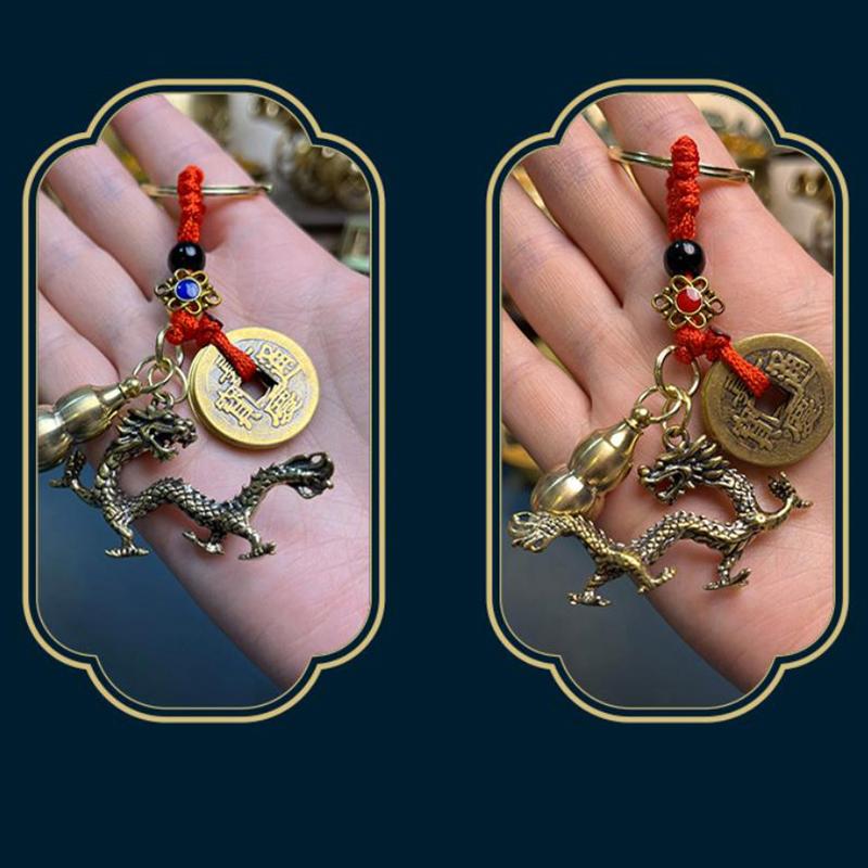 Mässingsnyckelring Mässings Zodiac Drake Hänge Feng Shui Fem Kejsare Pengar Koppar Kalebass Nyckelring Bil Plånbok Ryggsäck Dekoration