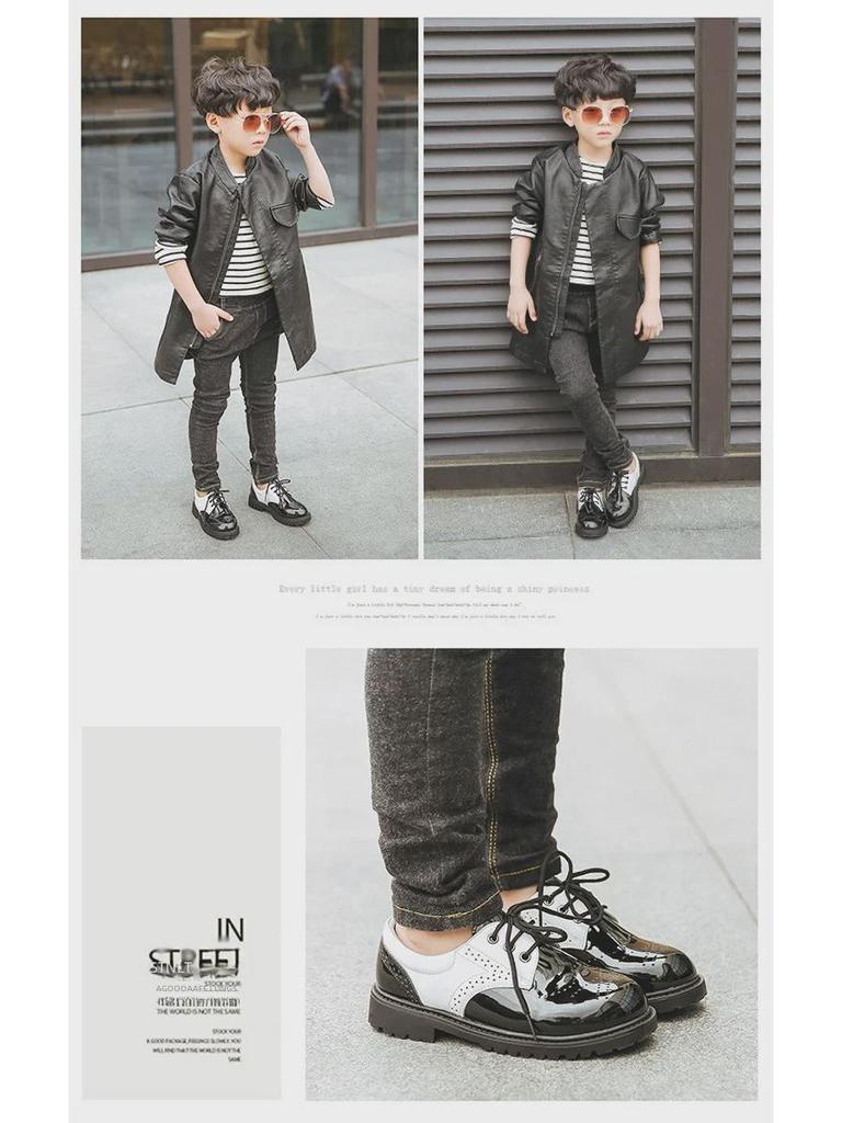 Boys' Black Leather School Shoes - Soft Sole, Floral Design, Korean Style