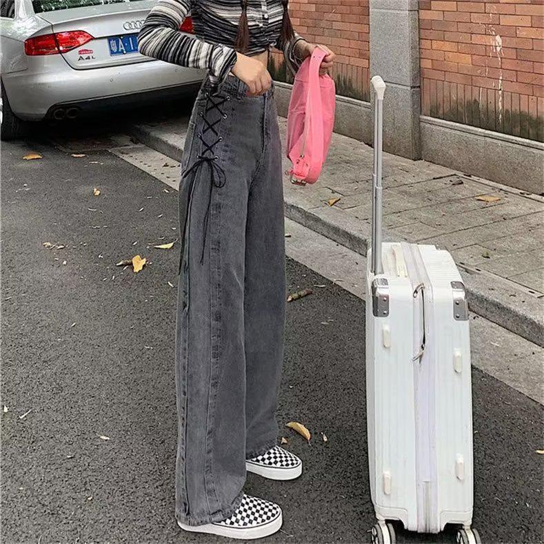 

Женские джинсы с высокой талией серого цвета в гонконгском стиле на бретелях, осень 2023 г. XL серый