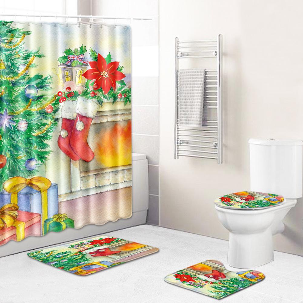 Christmas Shower Curtain Floor Mat Combination Four-Piece Set Bathroom Toilet Carpet Shower Room Mat Foot Mat