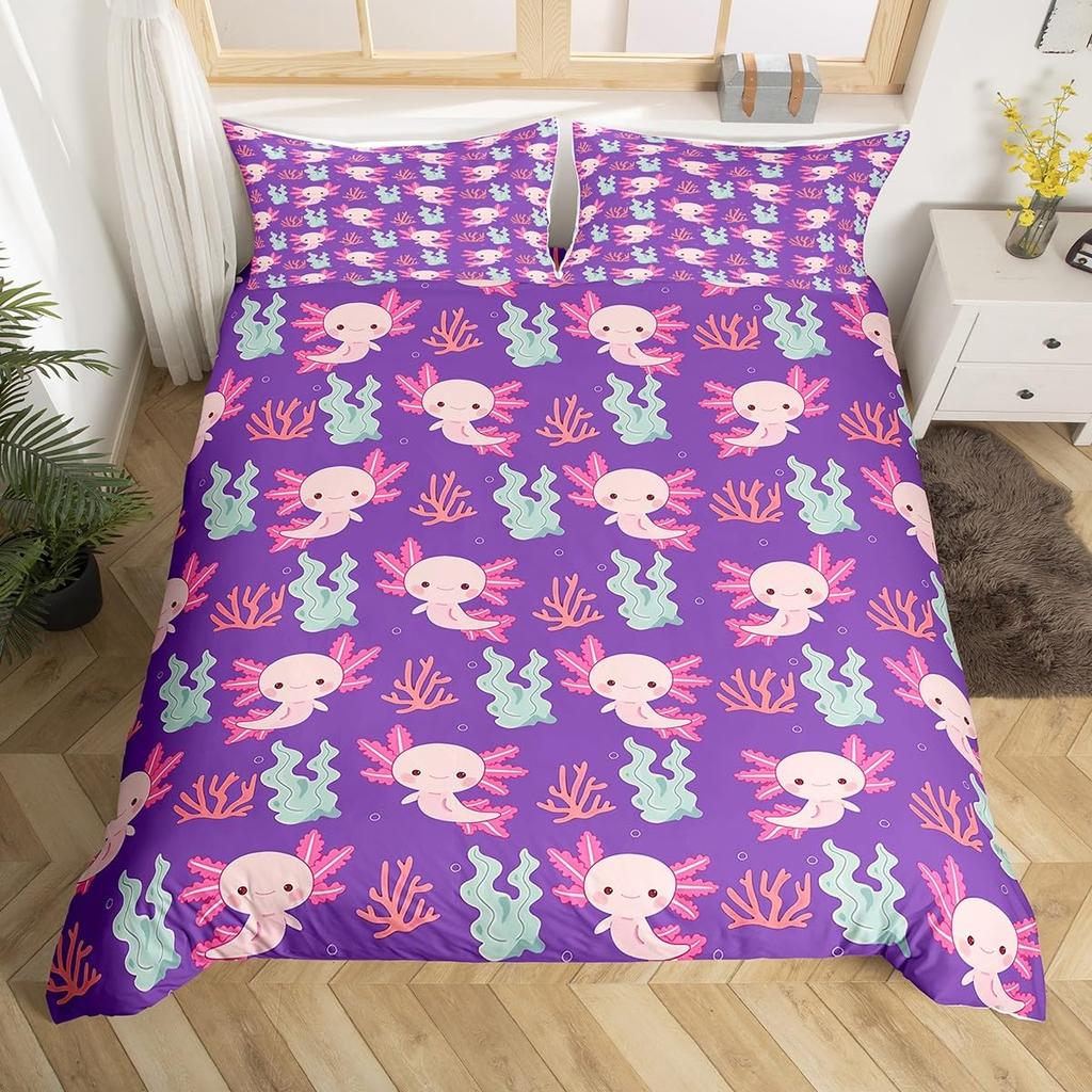 Cartoon Axolotl Duvet Cover Queen Twin Size Salamander Bedding Set for Kids Boys Girls Kawaii Sealife Creature Comforter Cover