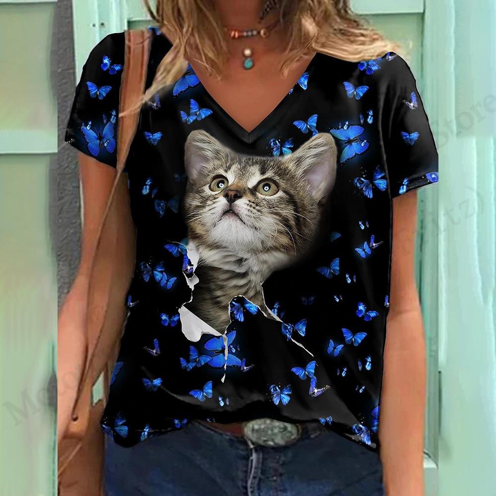 Summer V-neck 3D Cat Pattern Printed Top Fashionable Casual Short Sleeved Women's T-shirts