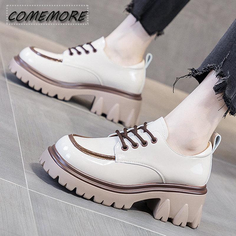 British Style Chunky Platform Pumps Casual Women's  Autumn Lace Up Thick Heels Loafers Woman Round Toe Patent Leather Shoes
