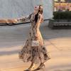 Floral Ruffled Dress for Women Autumn New Style French V-Neck Ink Wash Long Sleeve Slimming Dress