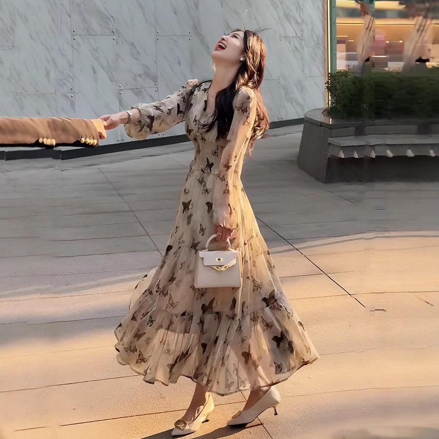 Floral Ruffled Dress for Women Autumn New Style French V-Neck Ink Wash Long Sleeve Slimming Dress