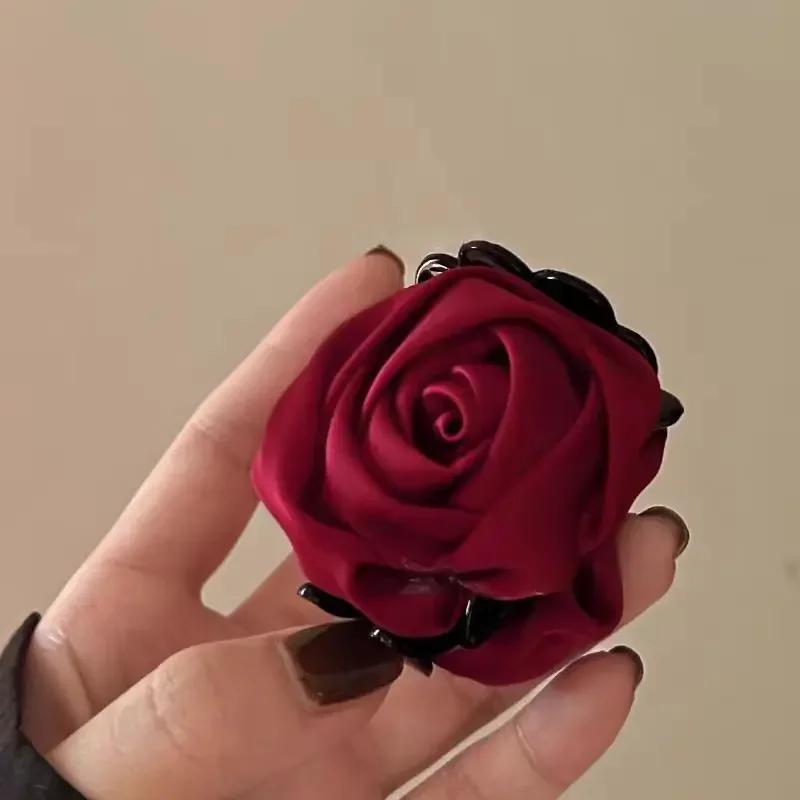 French Big Double Rose Flower Hair Claw Clips for Women Girls Vintage Satin Solid Fabric Handmade Shark Hairgrip Accessories New