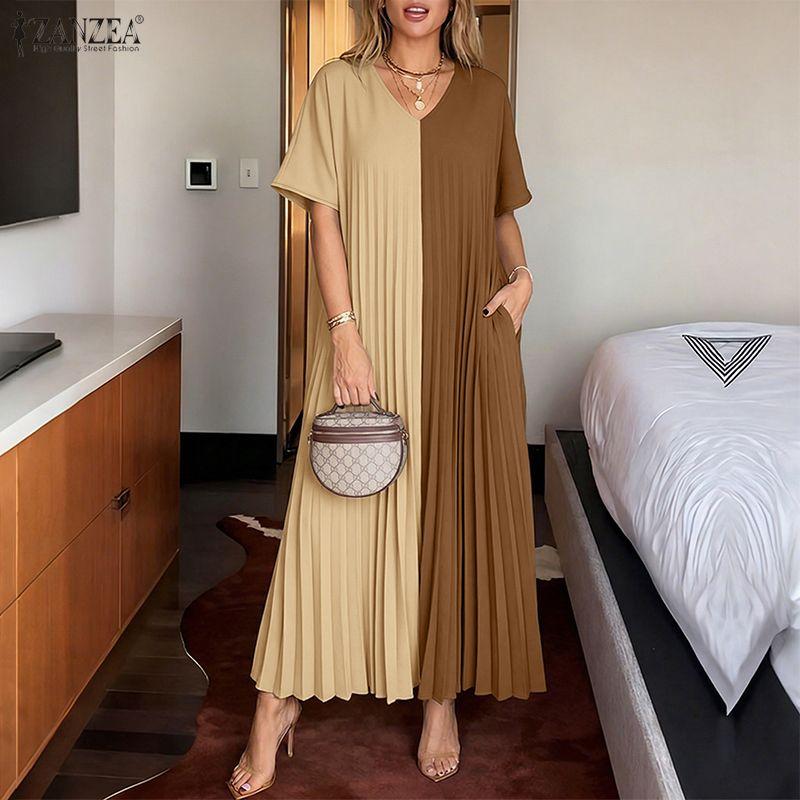 ZANZEA Women Casual V-Neck Loose Half Sleeve Patchwork Long Dress M коричневый