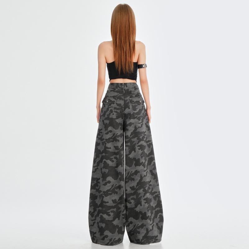 2025 Women's American Street Camouflage Wide-Leg Jeans - Extra Long, Lazy Style
