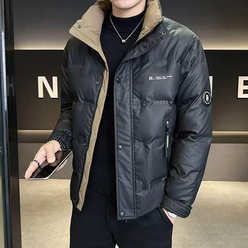 

Men s 2025 Colorblock Stand-up Collar Down Jacket - Black, Warm Korean Style Winter Coat. XL (Weight 120-135 jin)