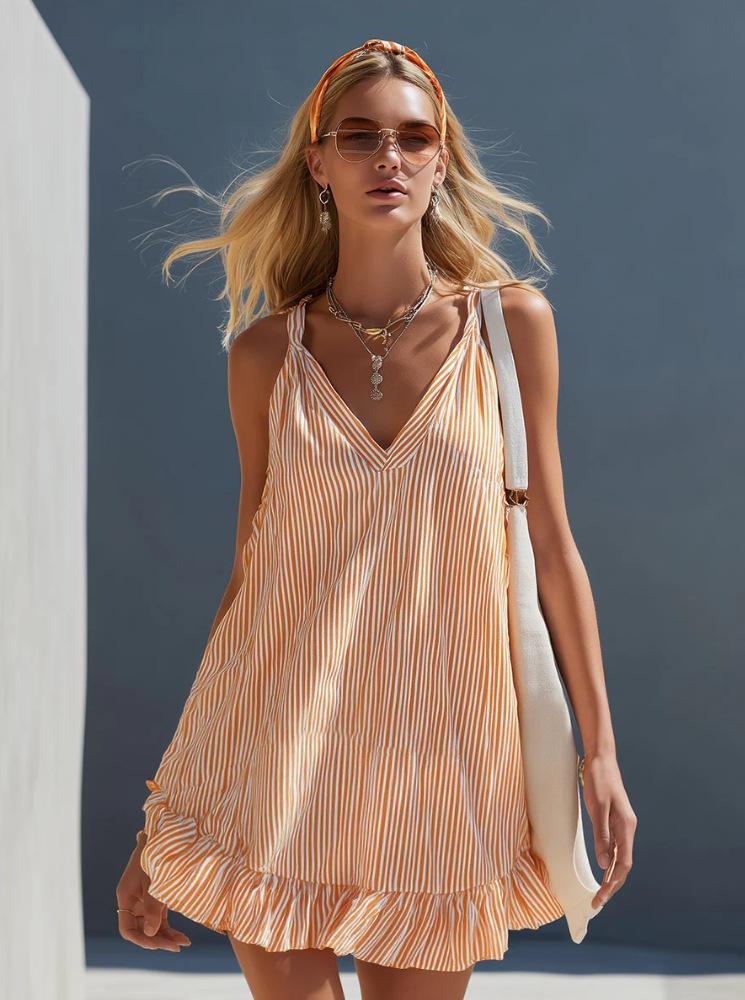 Striped ruffled sleeveless V-neck camisole dress L оранжевый