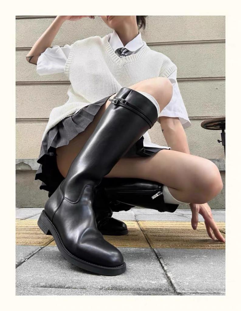 Cowhide version~ Korean version of round head thick heel boots women's 25 years of simple and versatile temperament straight tube side zipper knight b