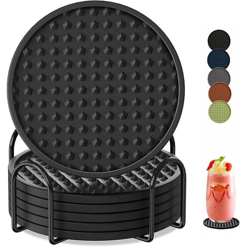Coasters for Drinks 6 Pack Drink Coaster with Holder Heat Resistant Silicone Cup Mat Tabletop Protection Non-Slip Coasters JT572