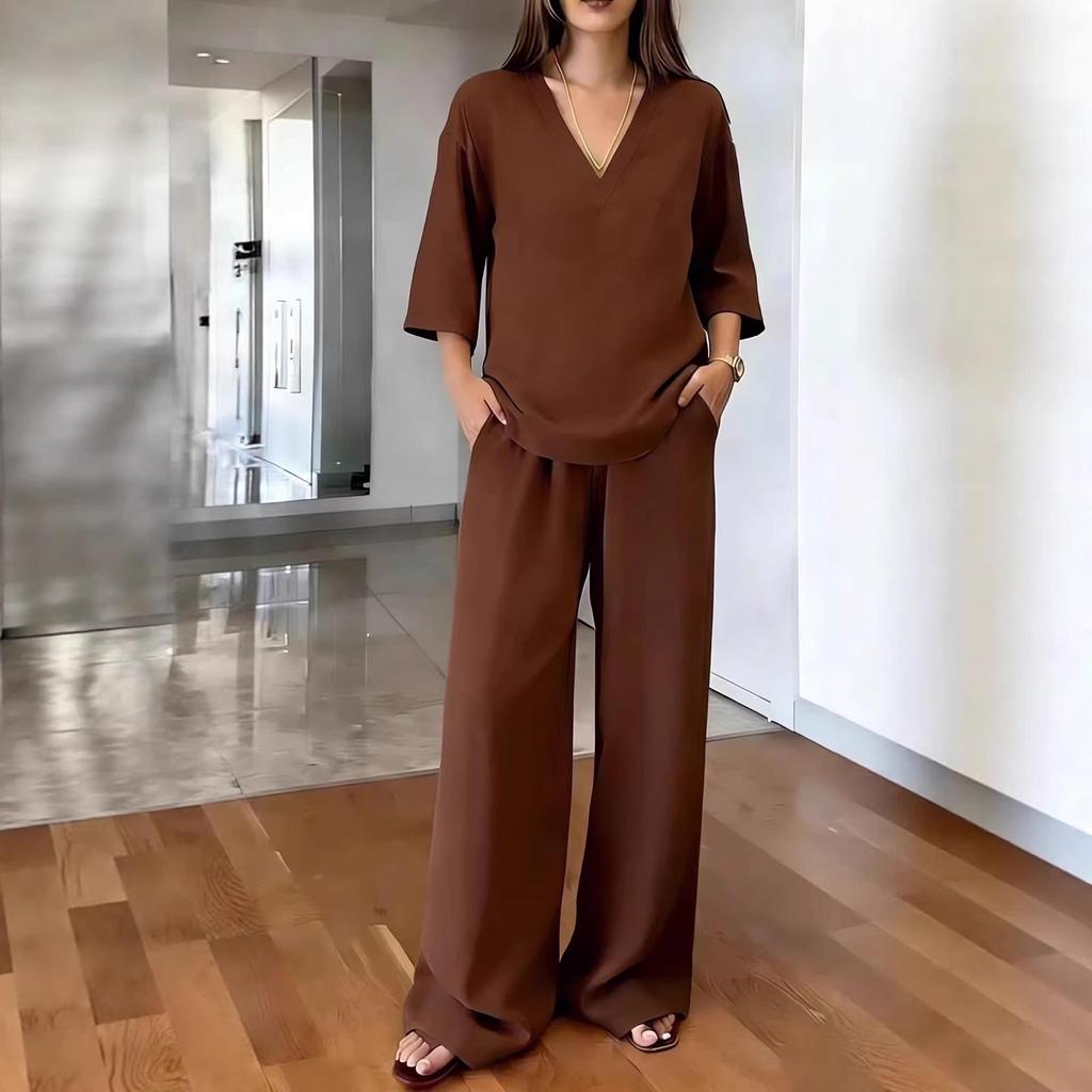 Women's Spring V-Neck Top and Wide-Leg Pants Set - Solid Color, Short-Sleeved, European & American Style Casual Wear