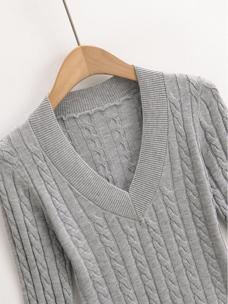 American Girl V-Neck College Style Slim Cable Knit Sweater