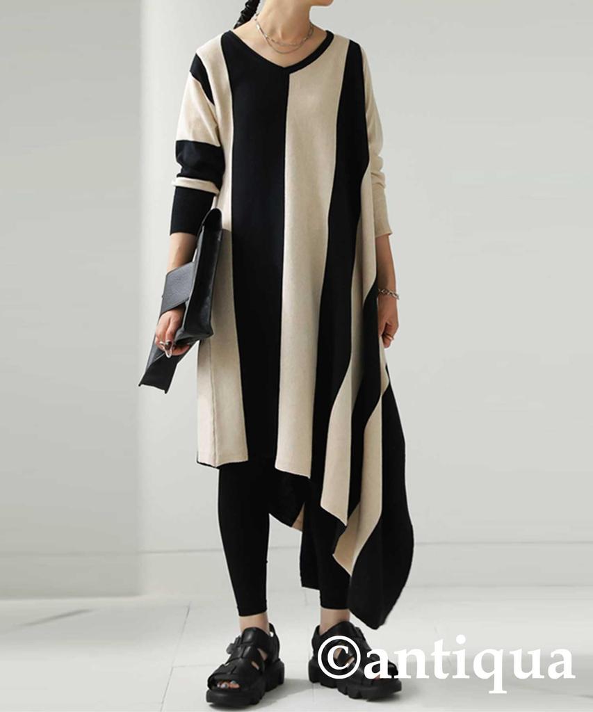 Antiqua Bias Striped Knit Black X Oatmeal Women's Dress, Asymmetrical, PN-00011, 05,