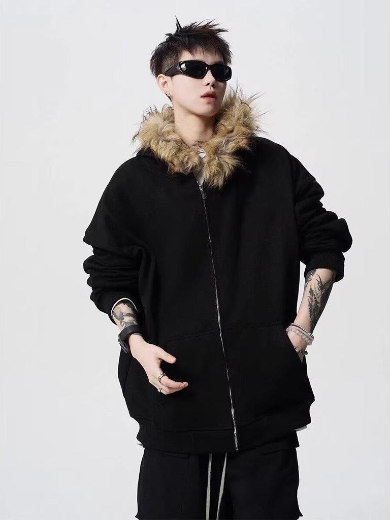 Unisex American Retro Fur Collar Hooded Cardigan