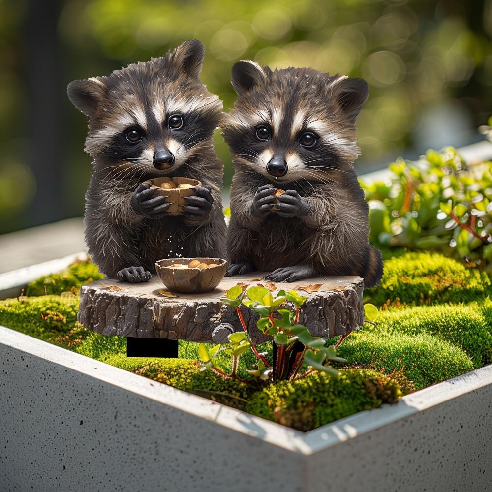 Charming Raccoon Pair acrylic pile for flower pots and landscape. Bohemian-style outdoor art.