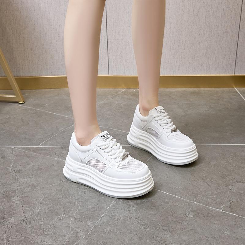 Leather mesh white shoes women's platform sports shoes women's inner height increase casual lace-up board shoes women