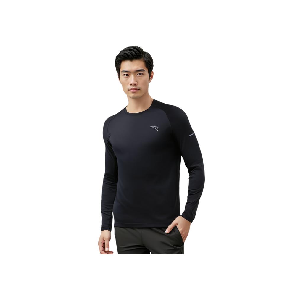Anta Running Series Solid Color Moisture Wicking Breathable Long Sleeve Knit Shirt Men Tops Black 952335404-4
