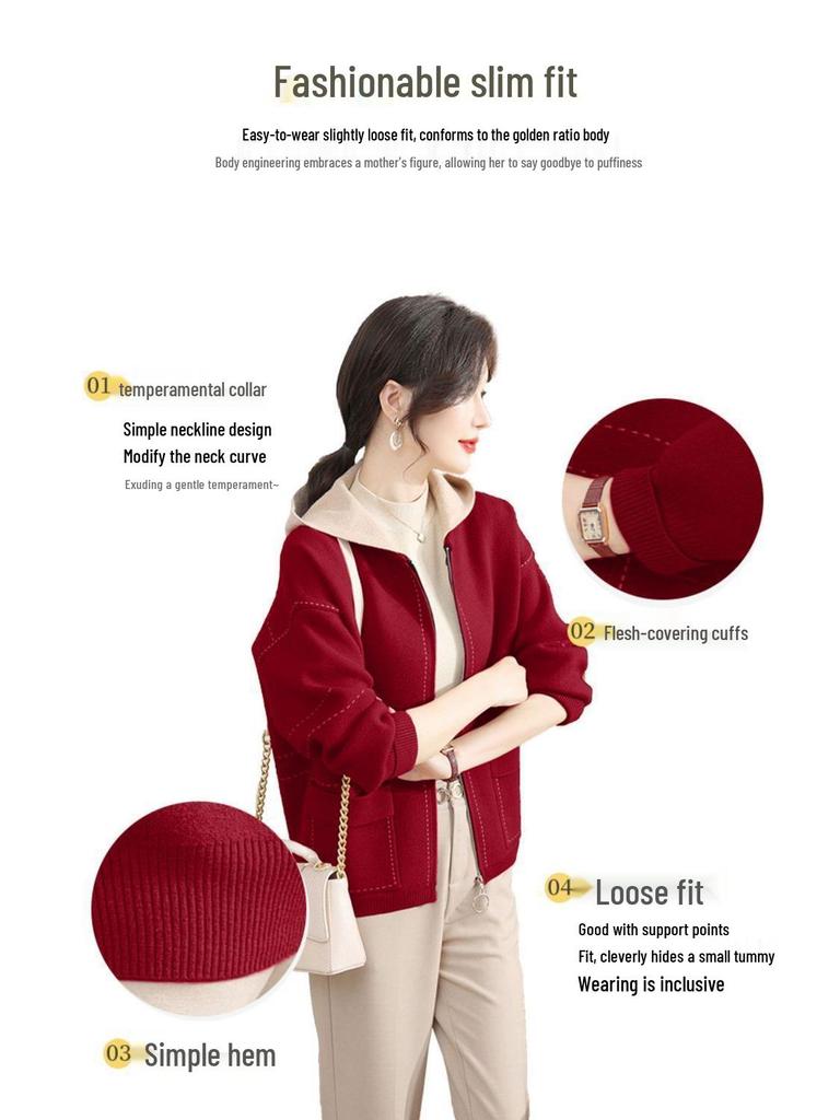 2024 Spring & Autumn Knitted Hooded Cardigan for Middle-Aged & Elderly Women