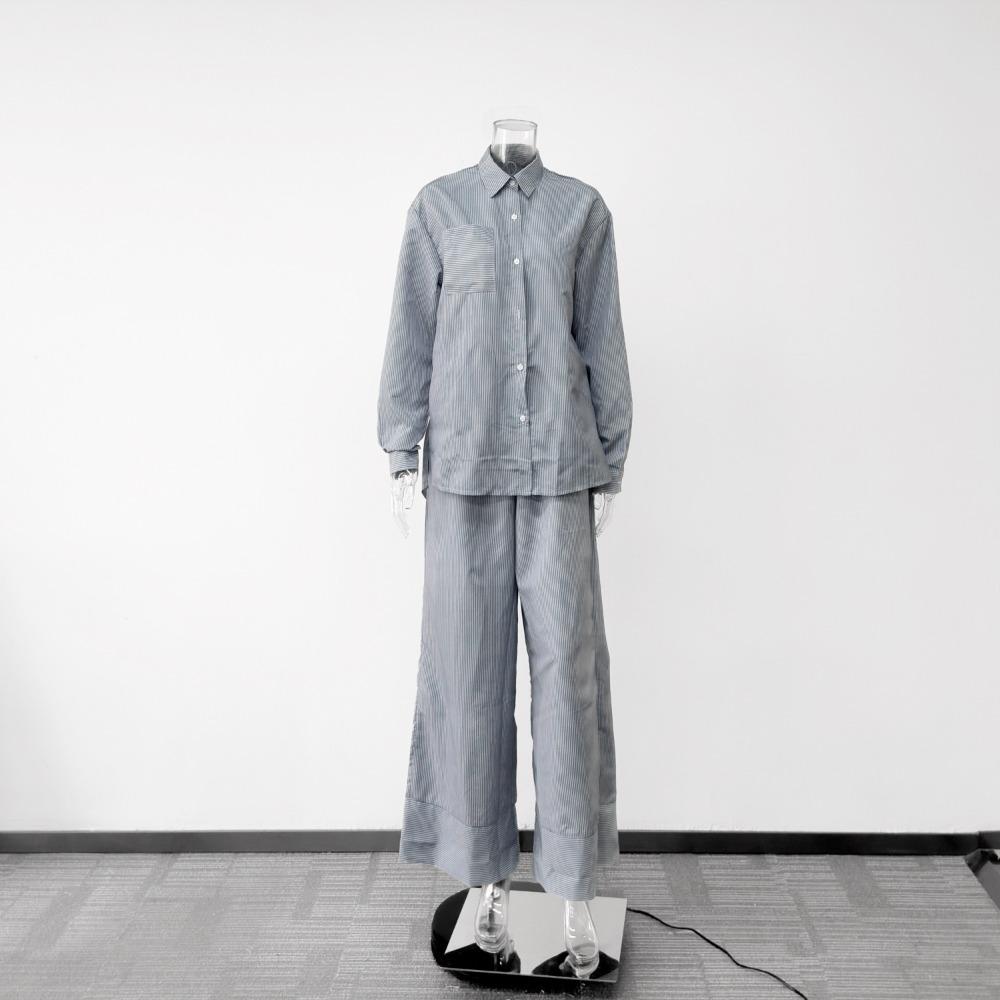 Women's Loose Fit Two Piece Outfit Long Sleeve Shirt Straight Waist Wide Leg Pants Stripe Print Urban Co-ord Set