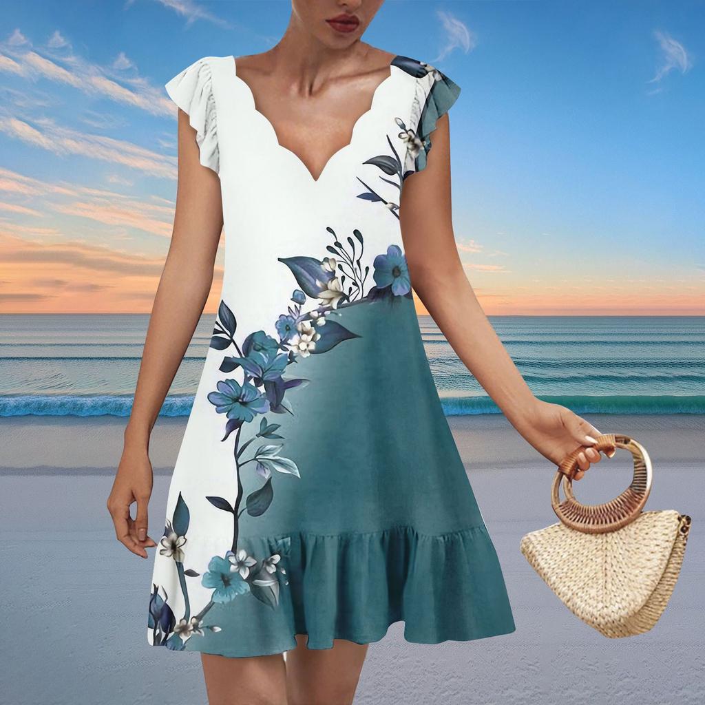 Women's Fashion Casual V Neck Wavy Edge Print Short Sleeve Dress
